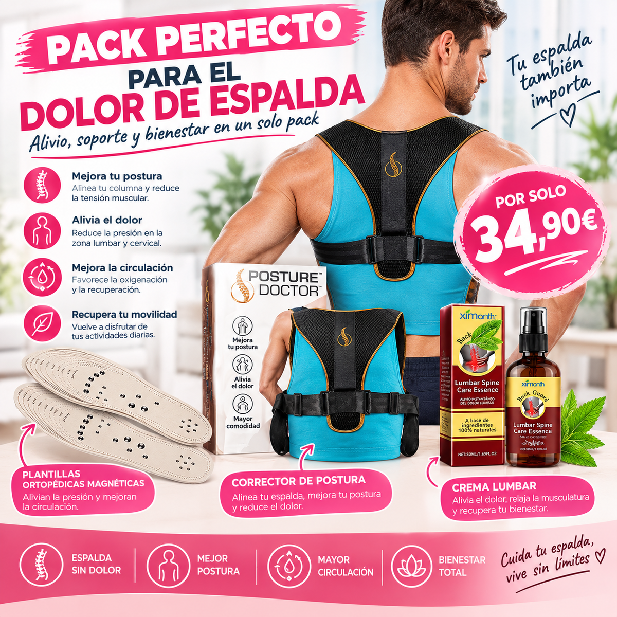 "PACK PERFECTO" Postura + confort lumbar + soporte para tus pies