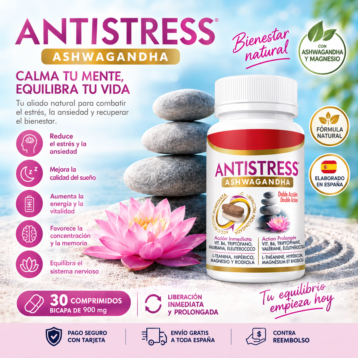 Antiestrés Doble Acción 30 Comprimidos | Relajación y Energía Positiva | Con Magnesio, L-Teanina y Extractos Naturales
